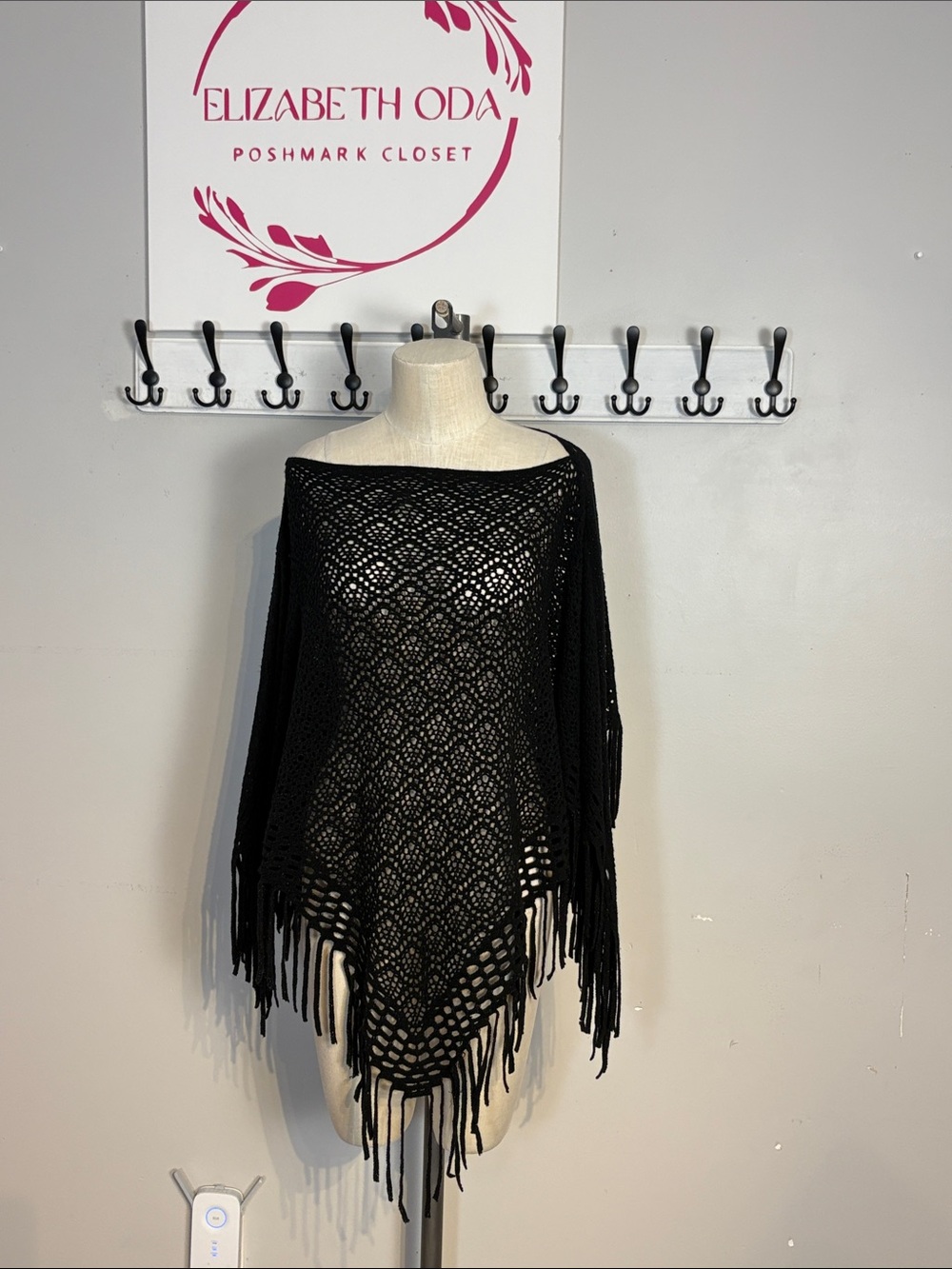 Black Crochet Fringe Poncho by